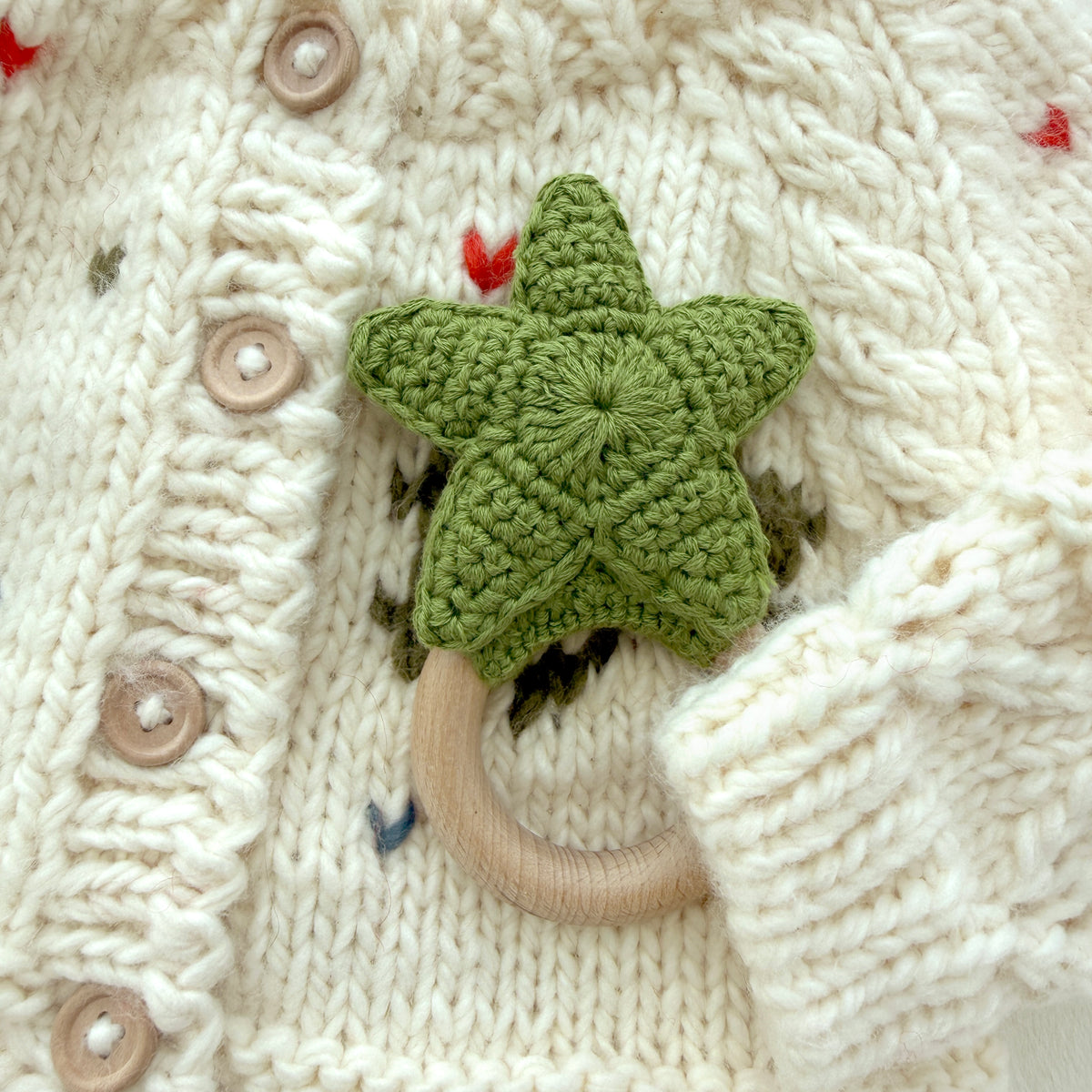 Olive Green Crochet Star Baby Rattle, Wooden Ring Sensory Grab Toy