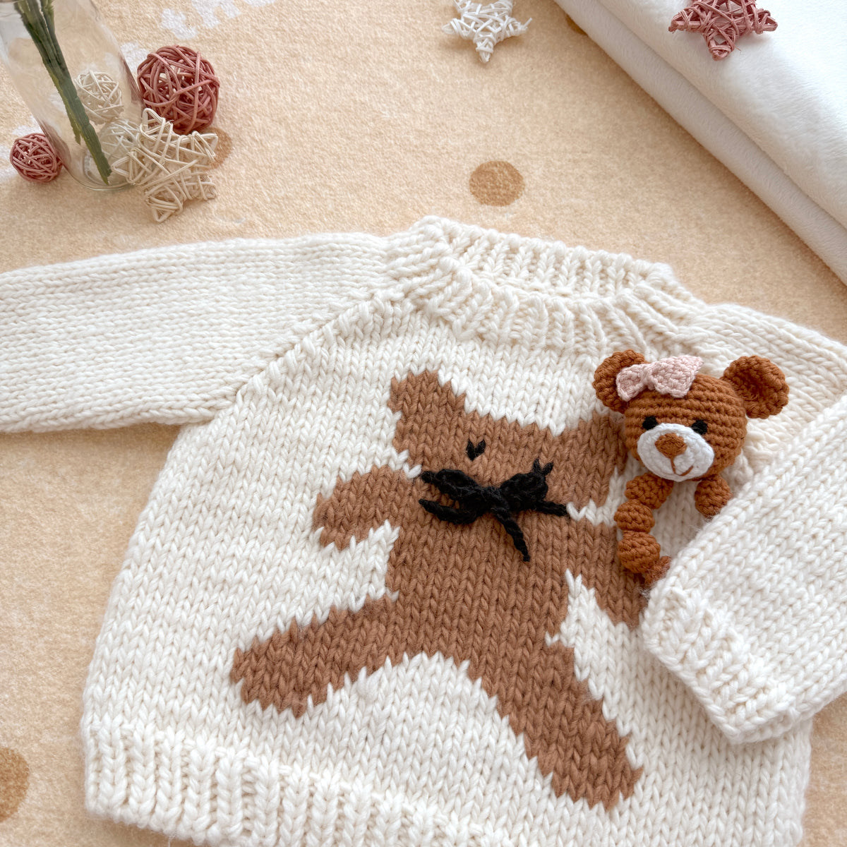 Hand Knit Cream Teddy Bear With Bow Baby Sweater