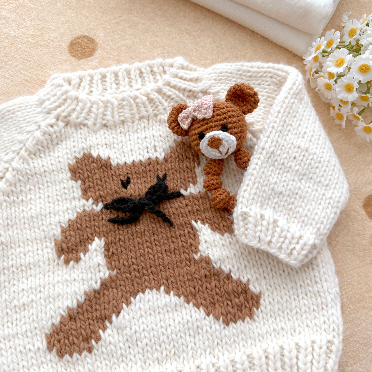 Hand Knit Cream Teddy Bear With Bow Baby Sweater