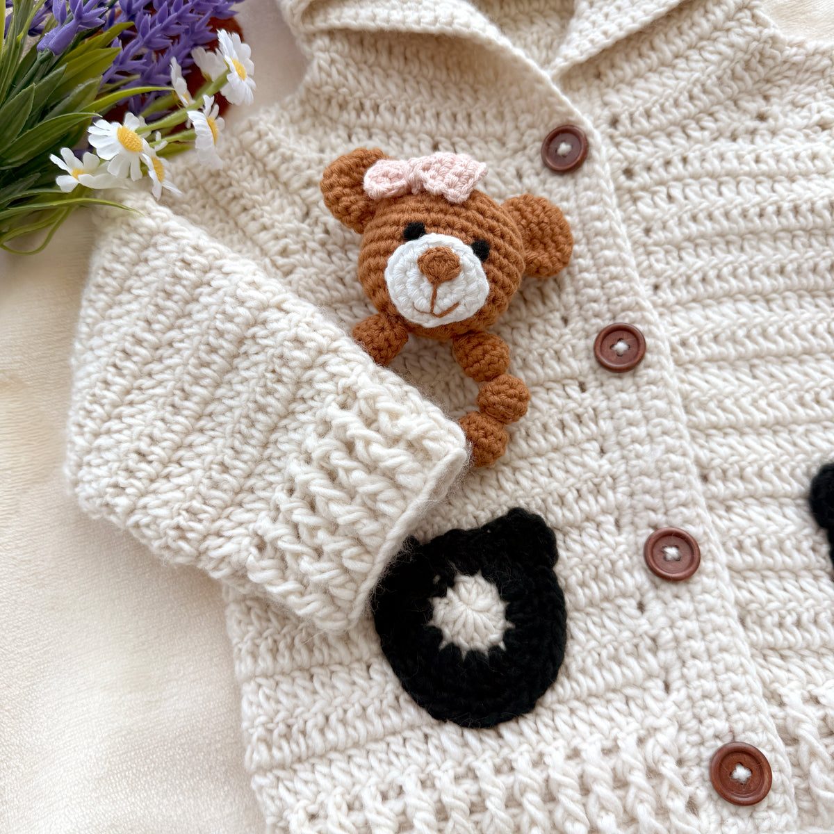 Handmade Crochet Bear Hooded Baby Cardigan - Cream Knit Coat