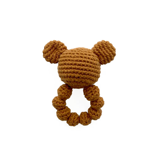 Caramel Brown Crochet Bear Baby Rattle Ring With Bow, Sensory Grab Toy