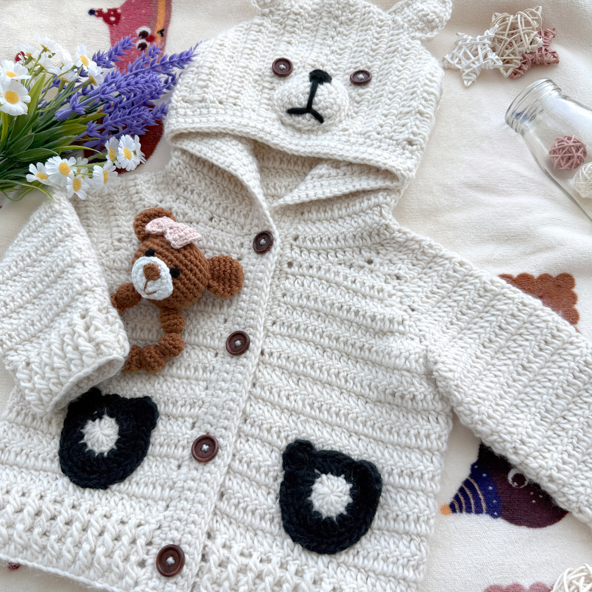 Handmade Crochet Bear Hooded Baby Cardigan - Cream Knit Coat