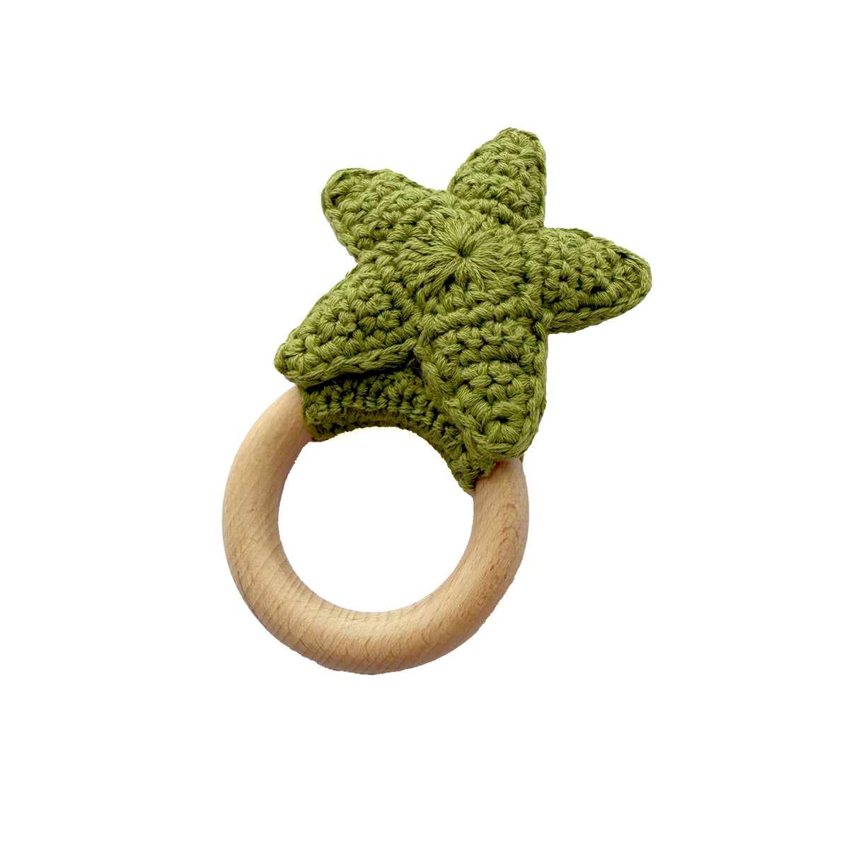 Olive Green Crochet Star Baby Rattle, Wooden Ring Sensory Grab Toy