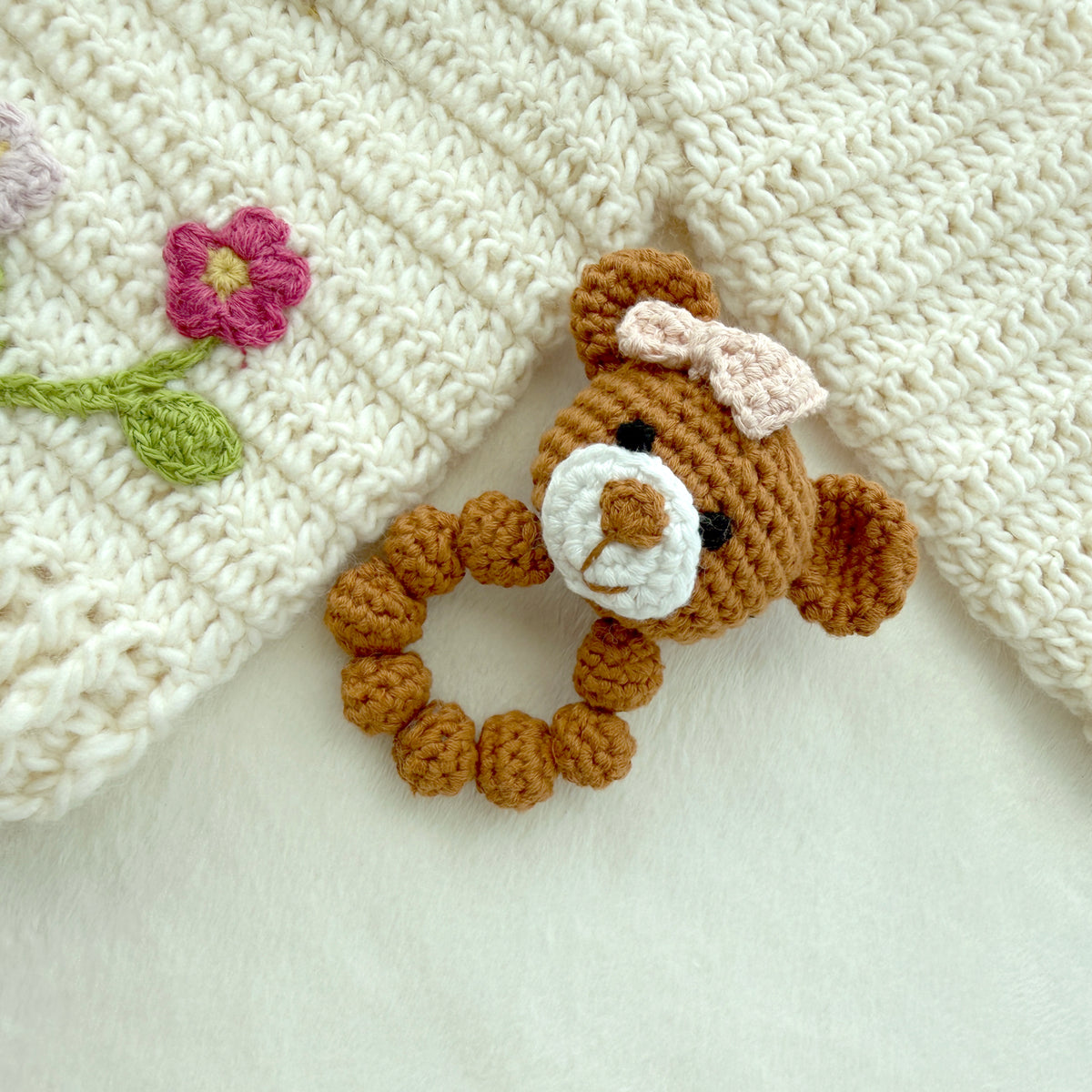 Caramel Brown Crochet Bear Baby Rattle Ring With Bow, Sensory Grab Toy