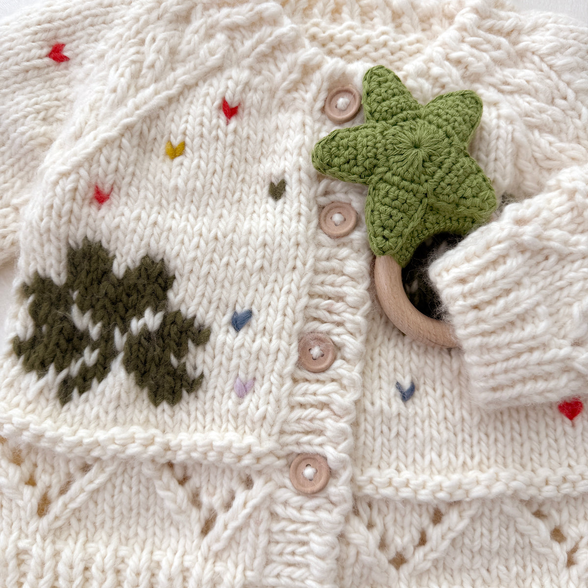 Hand-Knitted Cream Clover Baby Cardigan