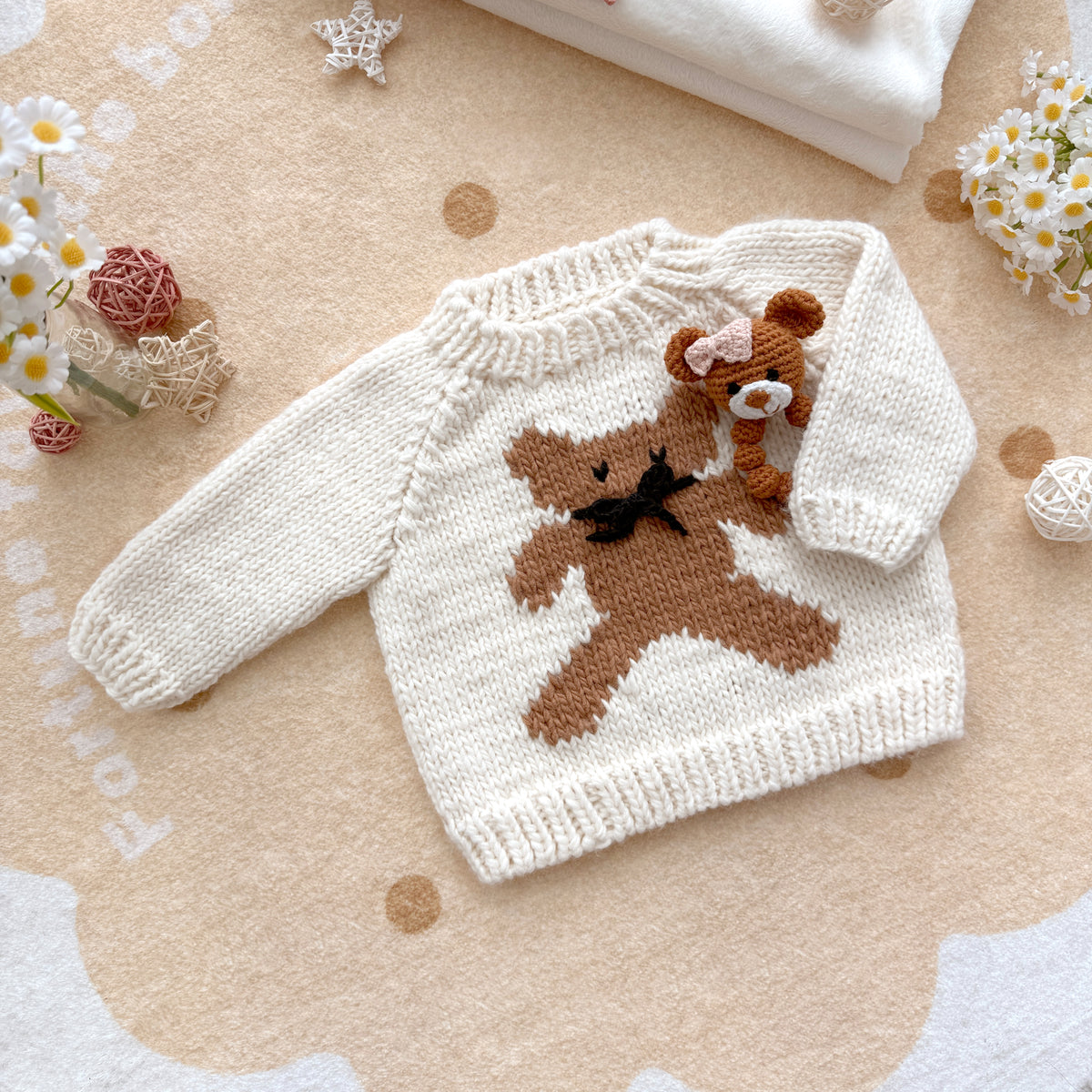 Hand Knit Cream Teddy Bear With Bow Baby Sweater