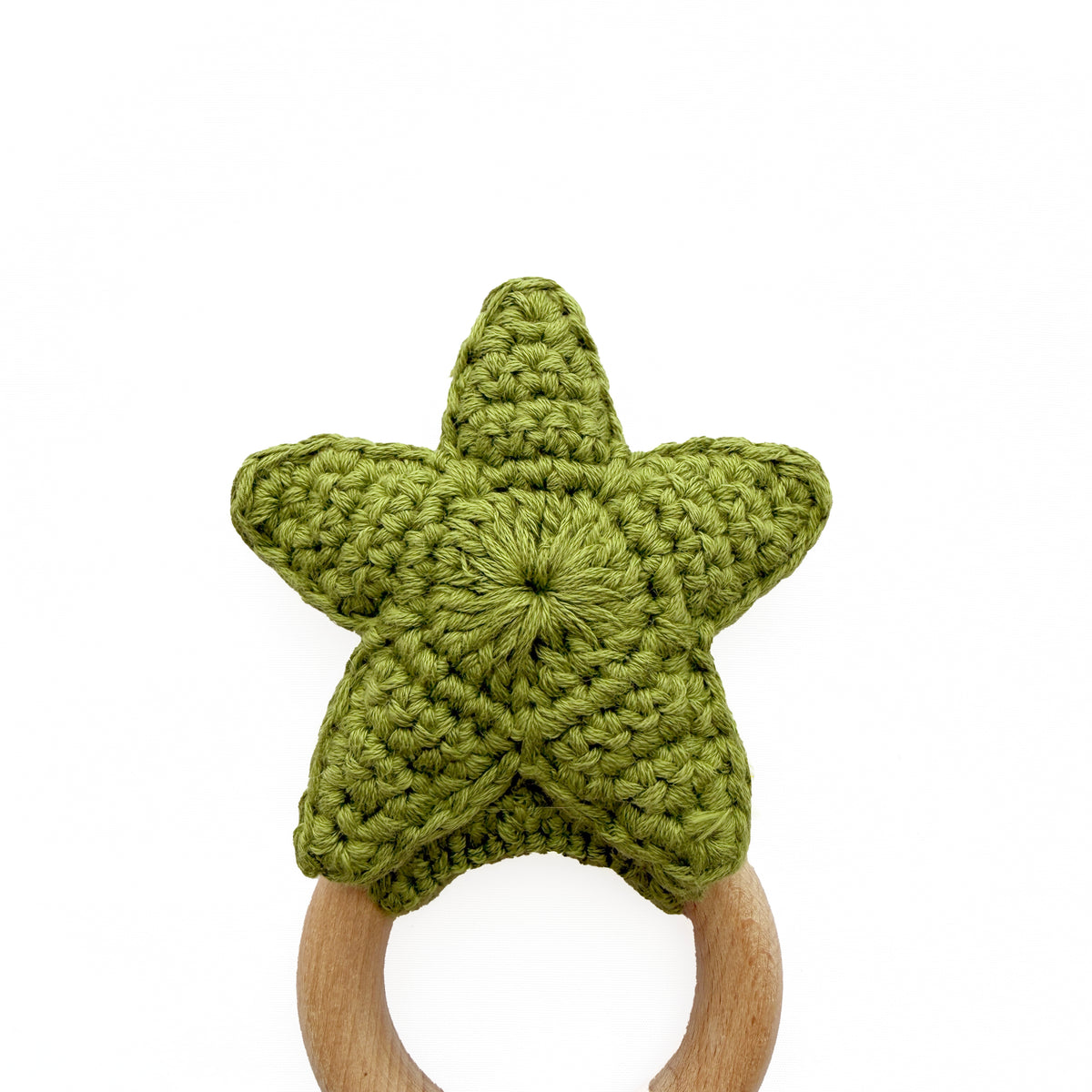 Olive Green Crochet Star Baby Rattle, Wooden Ring Sensory Grab Toy