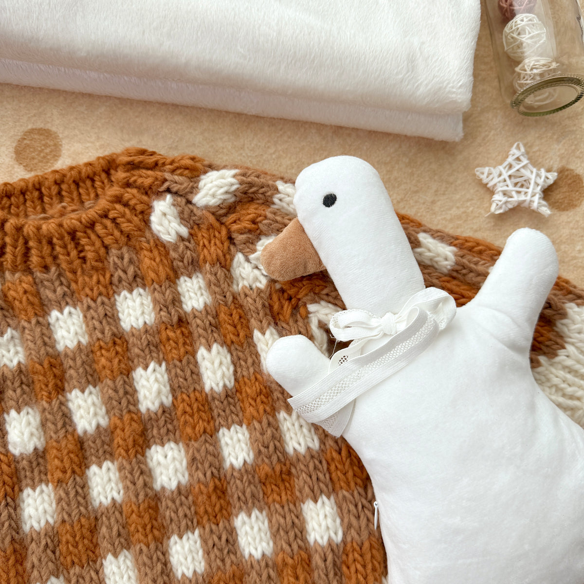 Hand-Knit Caramel Check Baby Sweater