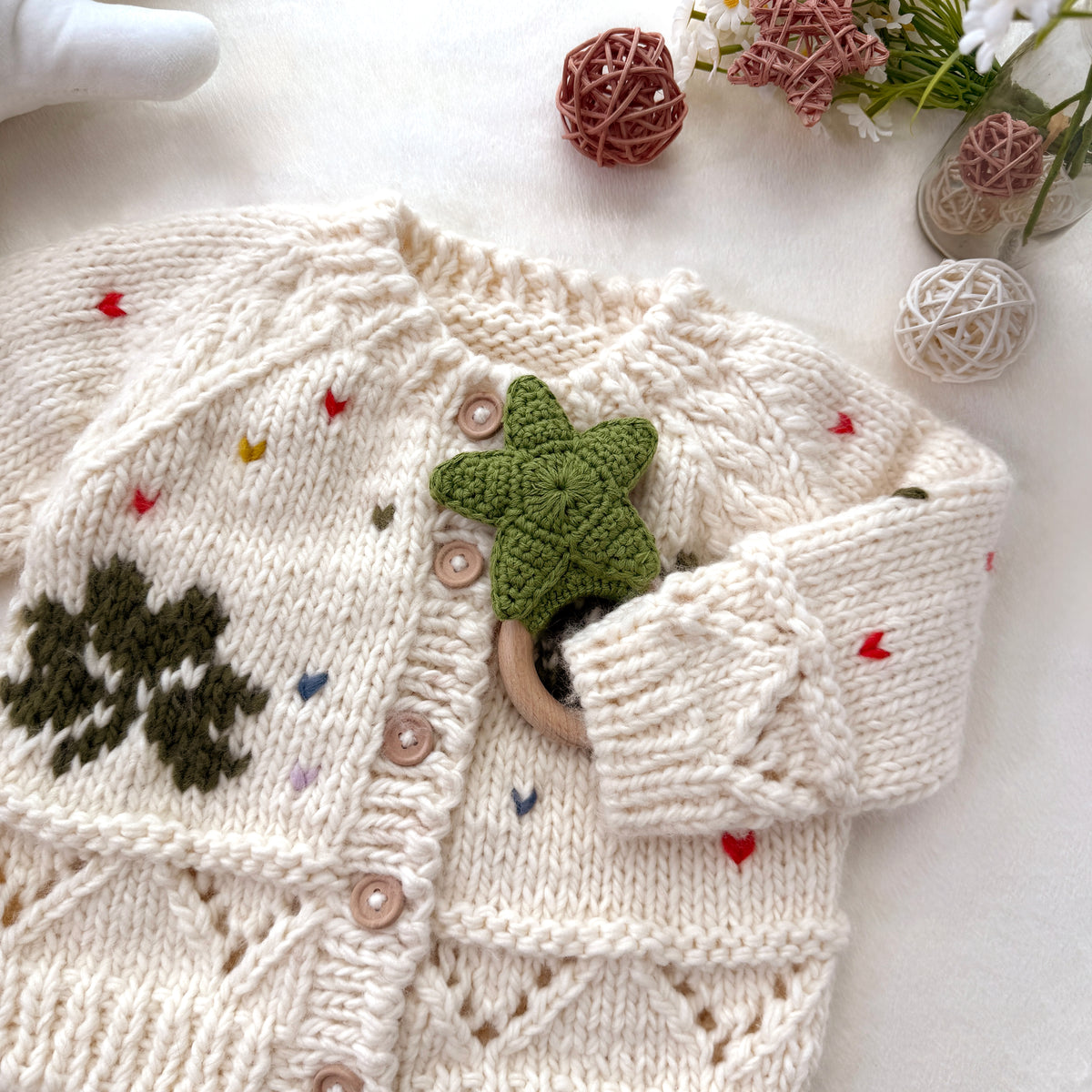 Hand-Knitted Cream Clover Baby Cardigan