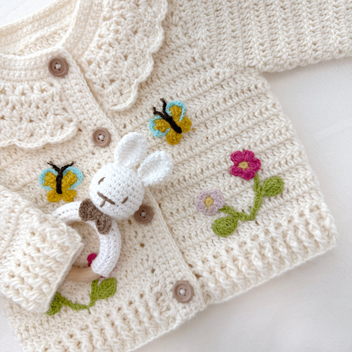 Hand Crocheted Cream Floral Butterfly Baby Cardigan