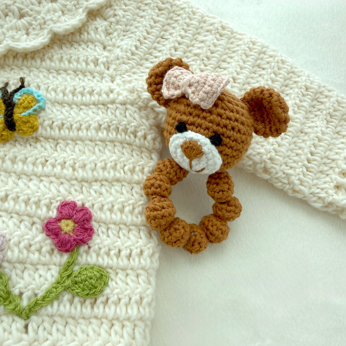 Caramel Brown Crochet Bear Baby Rattle Ring With Bow, Sensory Grab Toy