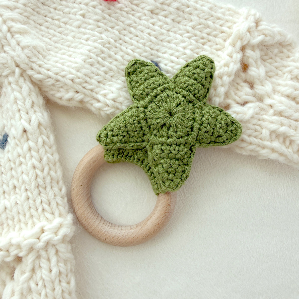 Olive Green Crochet Star Baby Rattle, Wooden Ring Sensory Grab Toy