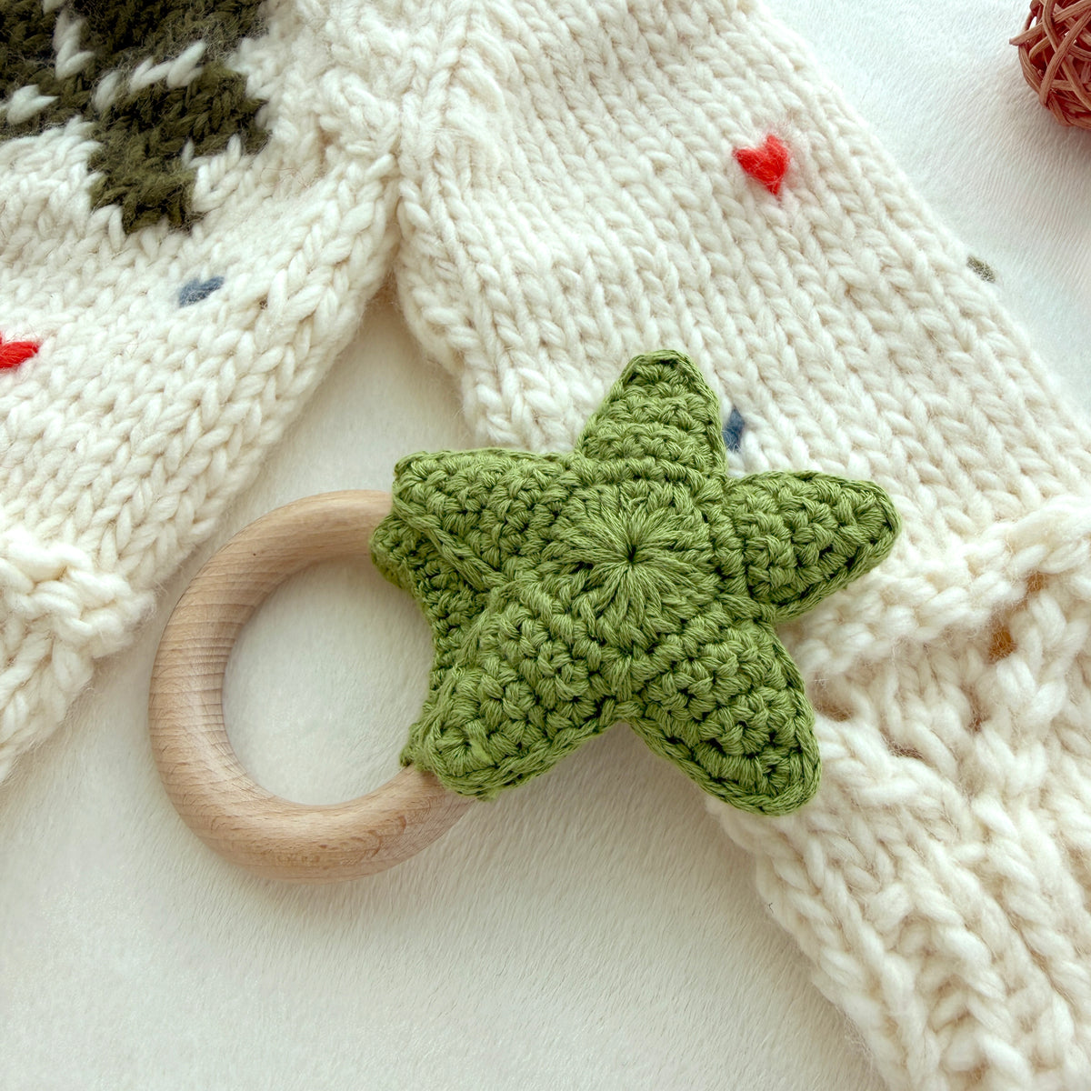 Olive Green Crochet Star Baby Rattle, Wooden Ring Sensory Grab Toy