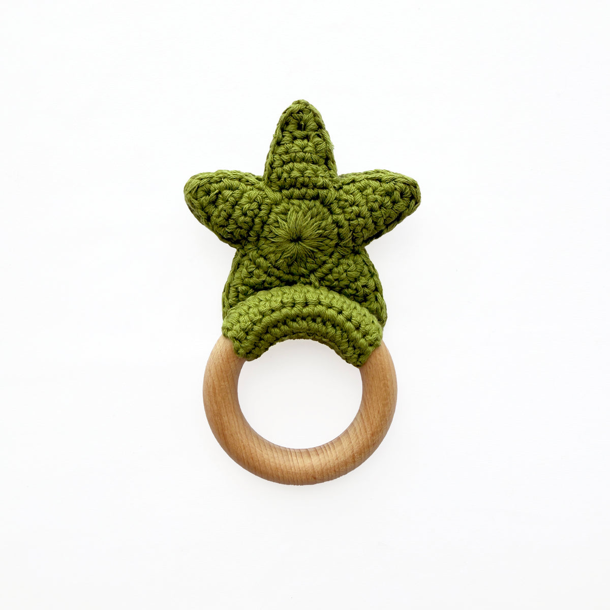 Olive Green Crochet Star Baby Rattle, Wooden Ring Sensory Grab Toy
