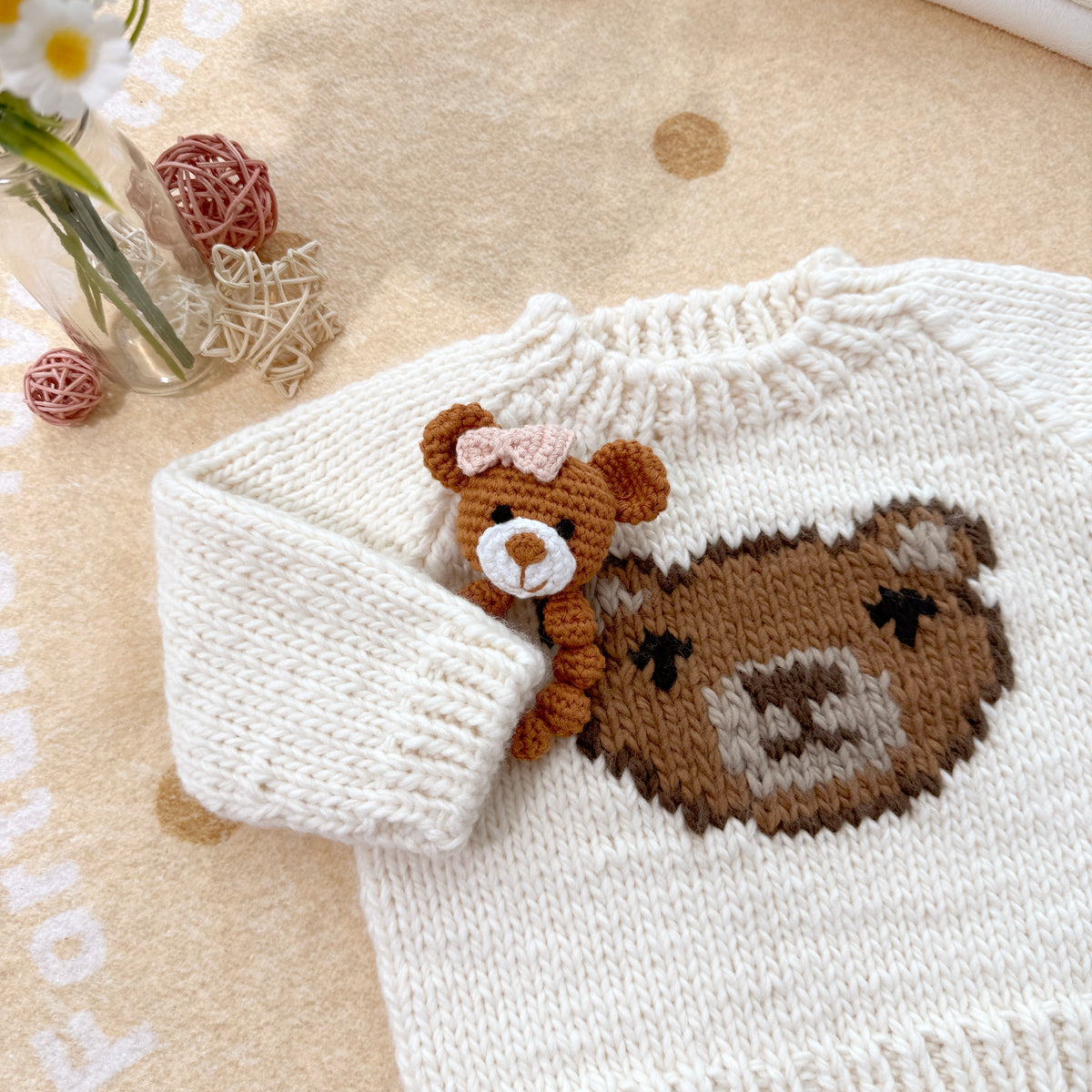 Hand Knit Cream Bear Baby Sweater