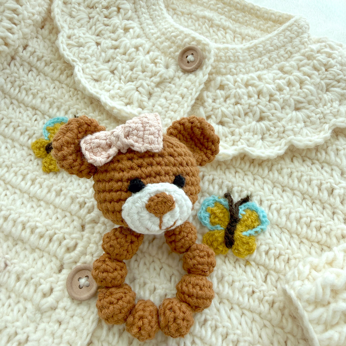 Caramel Brown Crochet Bear Baby Rattle Ring With Bow, Sensory Grab Toy