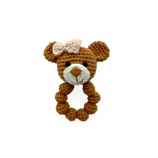 Caramel Brown Crochet Bear Baby Rattle Ring With Bow, Sensory Grab Toy