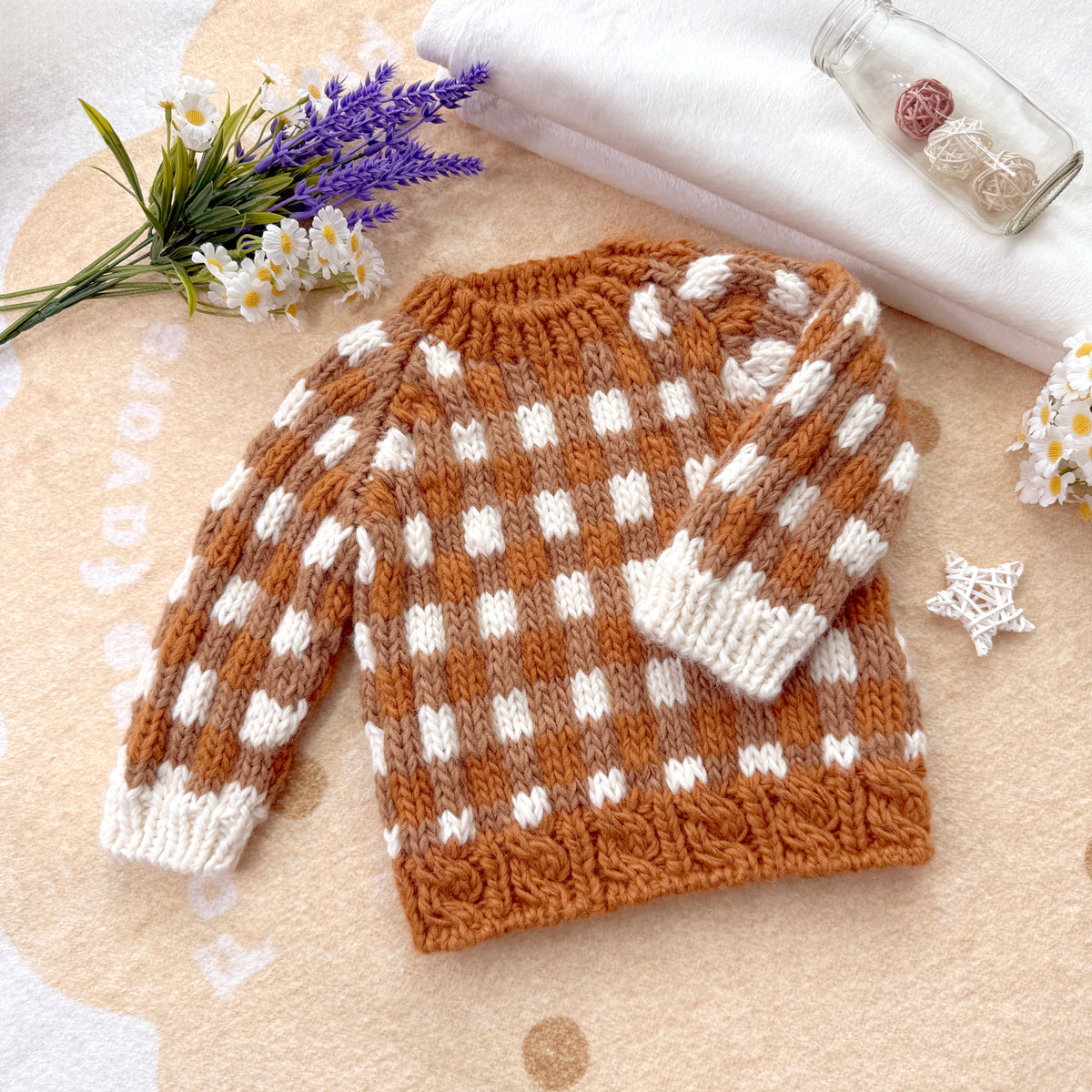 Hand-Knit Caramel Check Baby Sweater