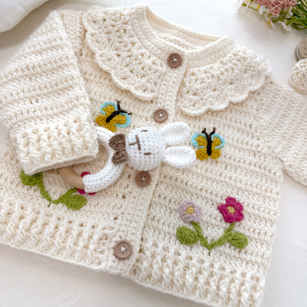 Hand Crocheted Cream Floral Butterfly Baby Cardigan