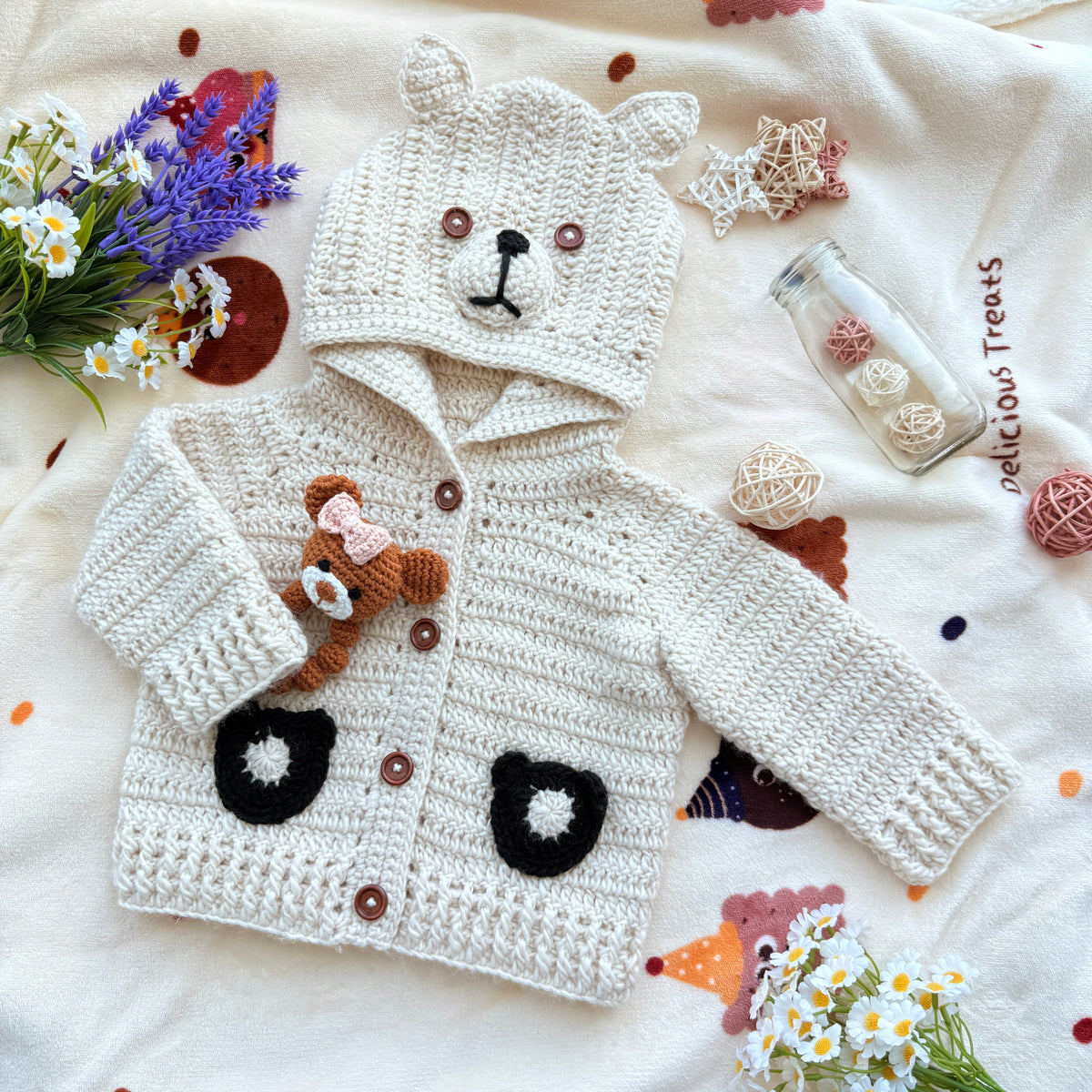 Handmade Crochet Bear Hooded Baby Cardigan - Cream Knit Coat