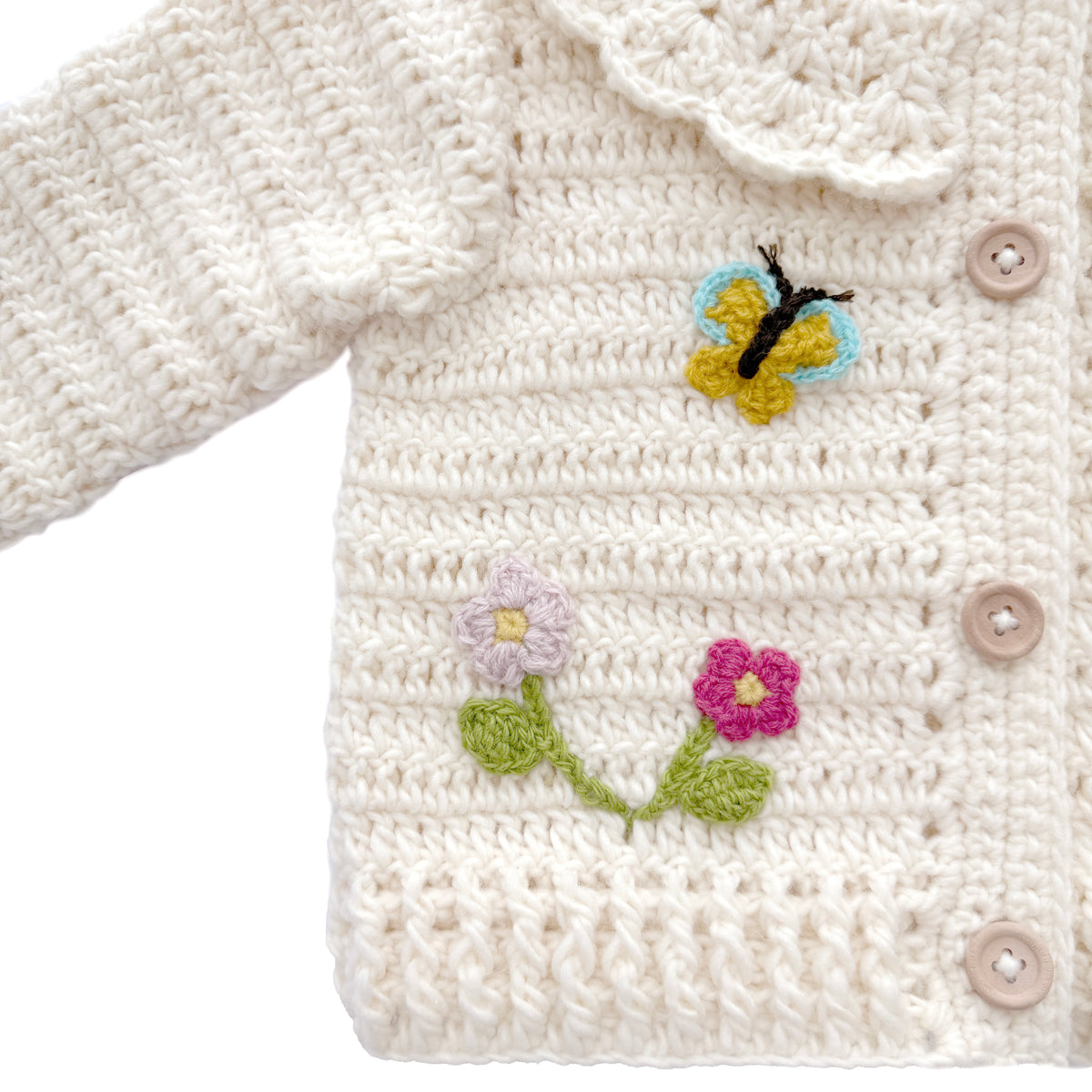 Hand Crocheted Cream Floral Butterfly Baby Cardigan