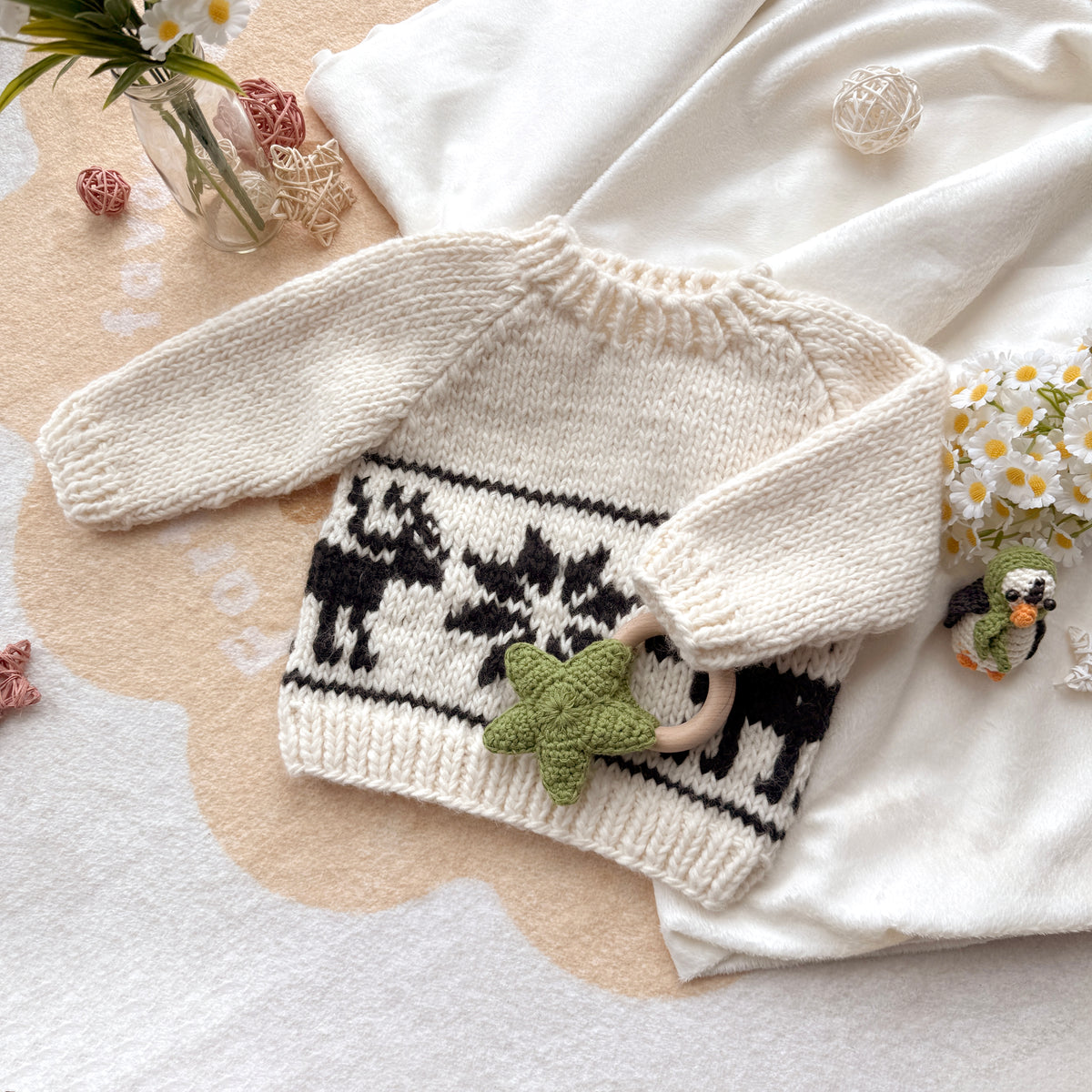 Hand Knit Cream Reindeer Snowflake Baby Sweater
