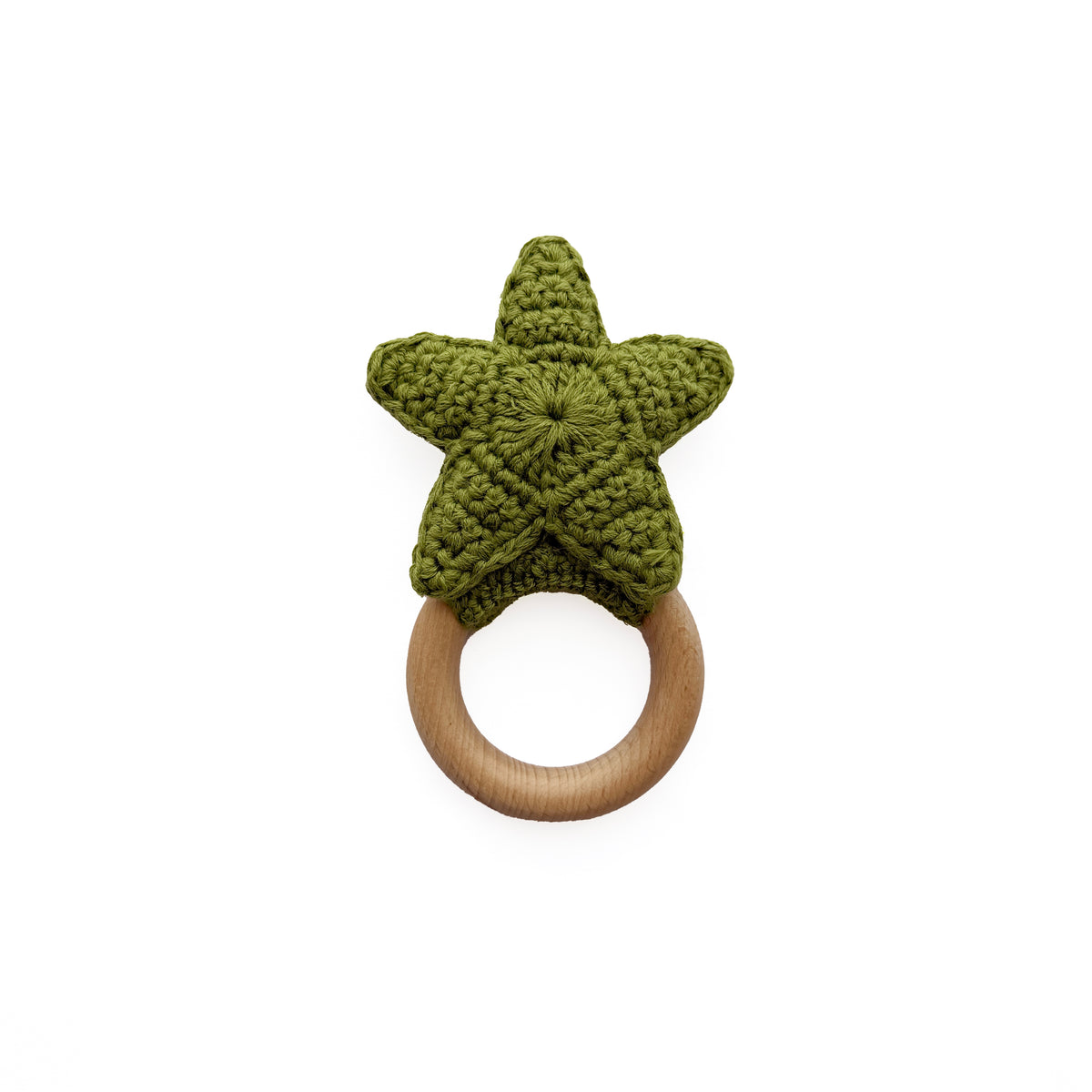 Olive Green Crochet Star Baby Rattle, Wooden Ring Sensory Grab Toy
