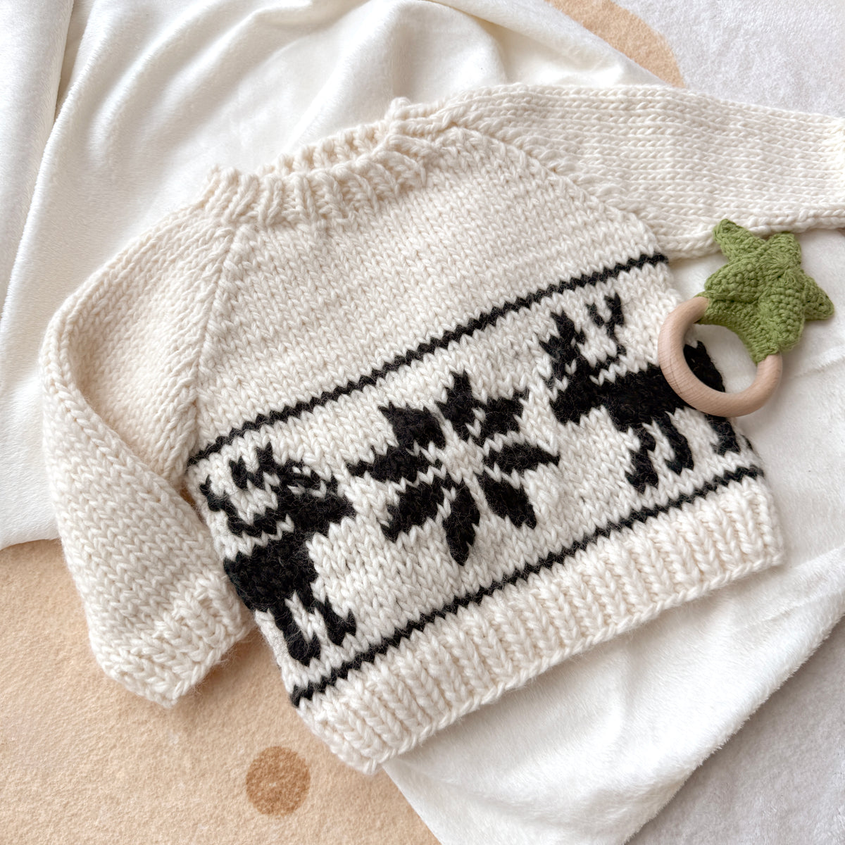 Hand Knit Cream Reindeer Snowflake Baby Sweater