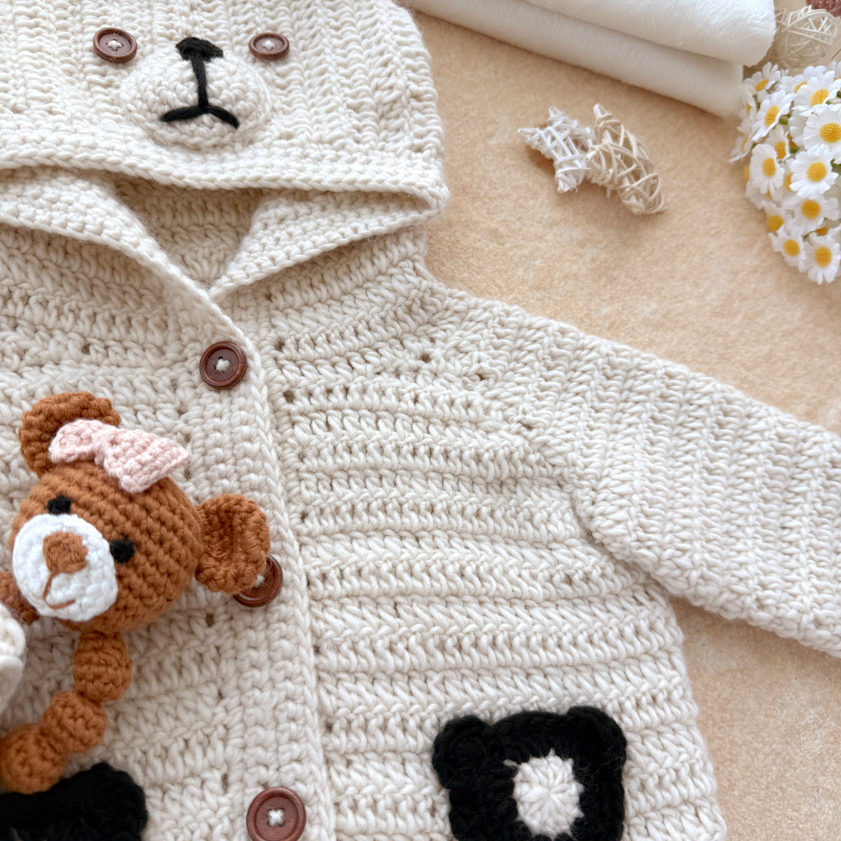 Handmade Crochet Bear Hooded Baby Cardigan - Cream Knit Coat