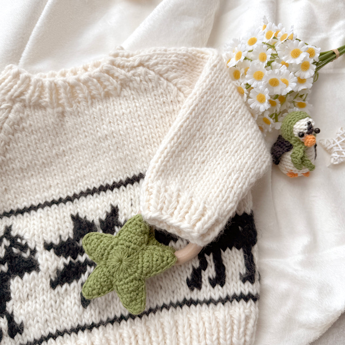 Hand Knit Cream Reindeer Snowflake Baby Sweater