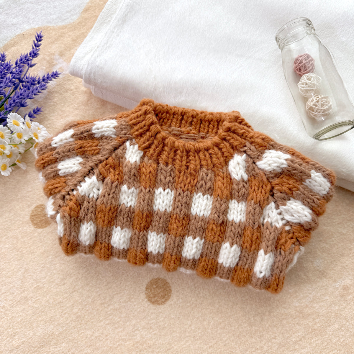 Hand-Knit Caramel Check Baby Sweater