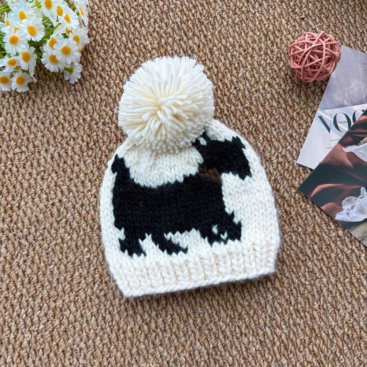 Cream & Black Scottie Dog Baby Knit Pom Pom Beanie