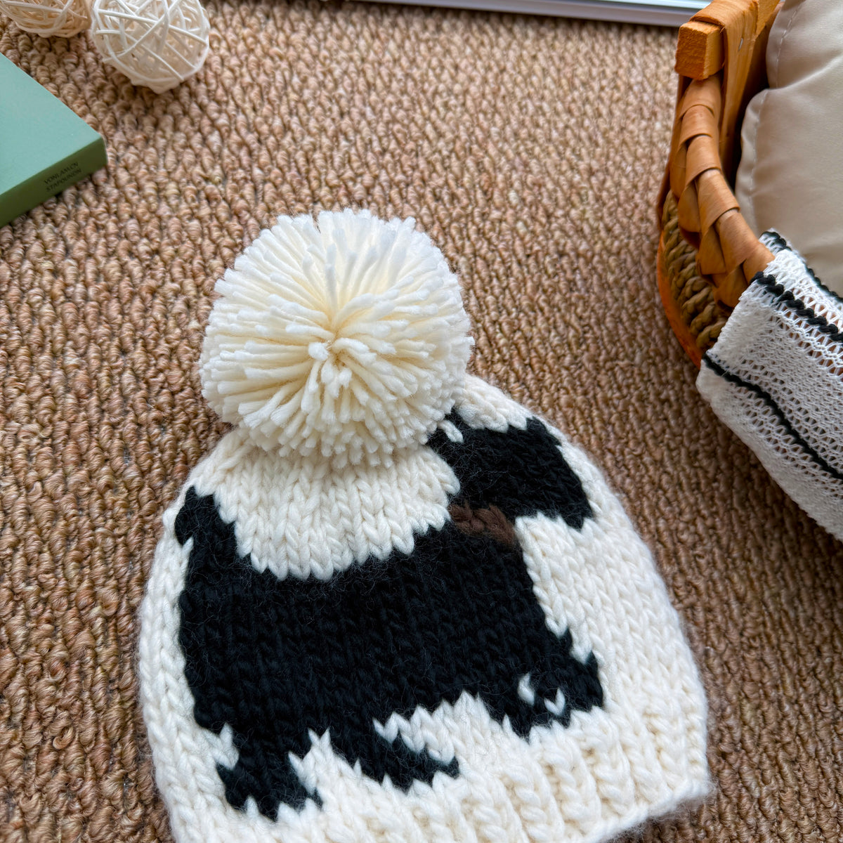 Cream & Black Scottie Dog Baby Knit Pom Pom Beanie