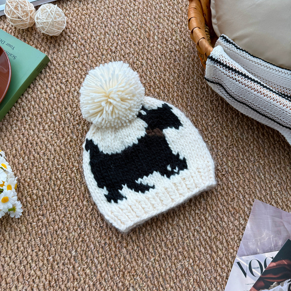 Cream & Black Scottie Dog Baby Knit Pom Pom Beanie