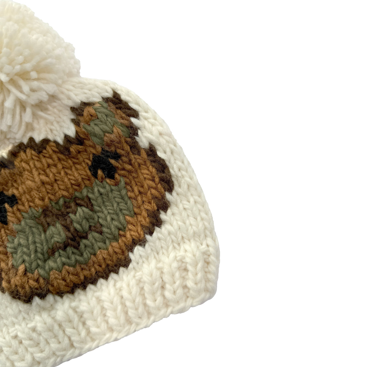 Cream Baby Knit Pom Pom Beanie, Bear Jacquard Hat