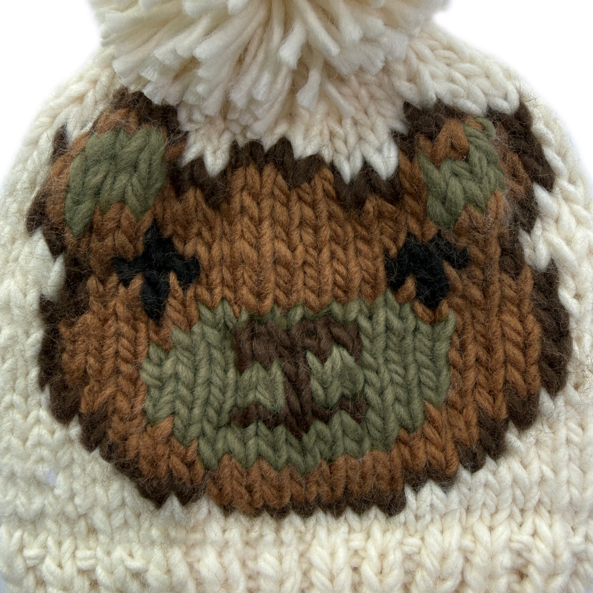 Cream Baby Knit Pom Pom Beanie, Bear Jacquard Hat